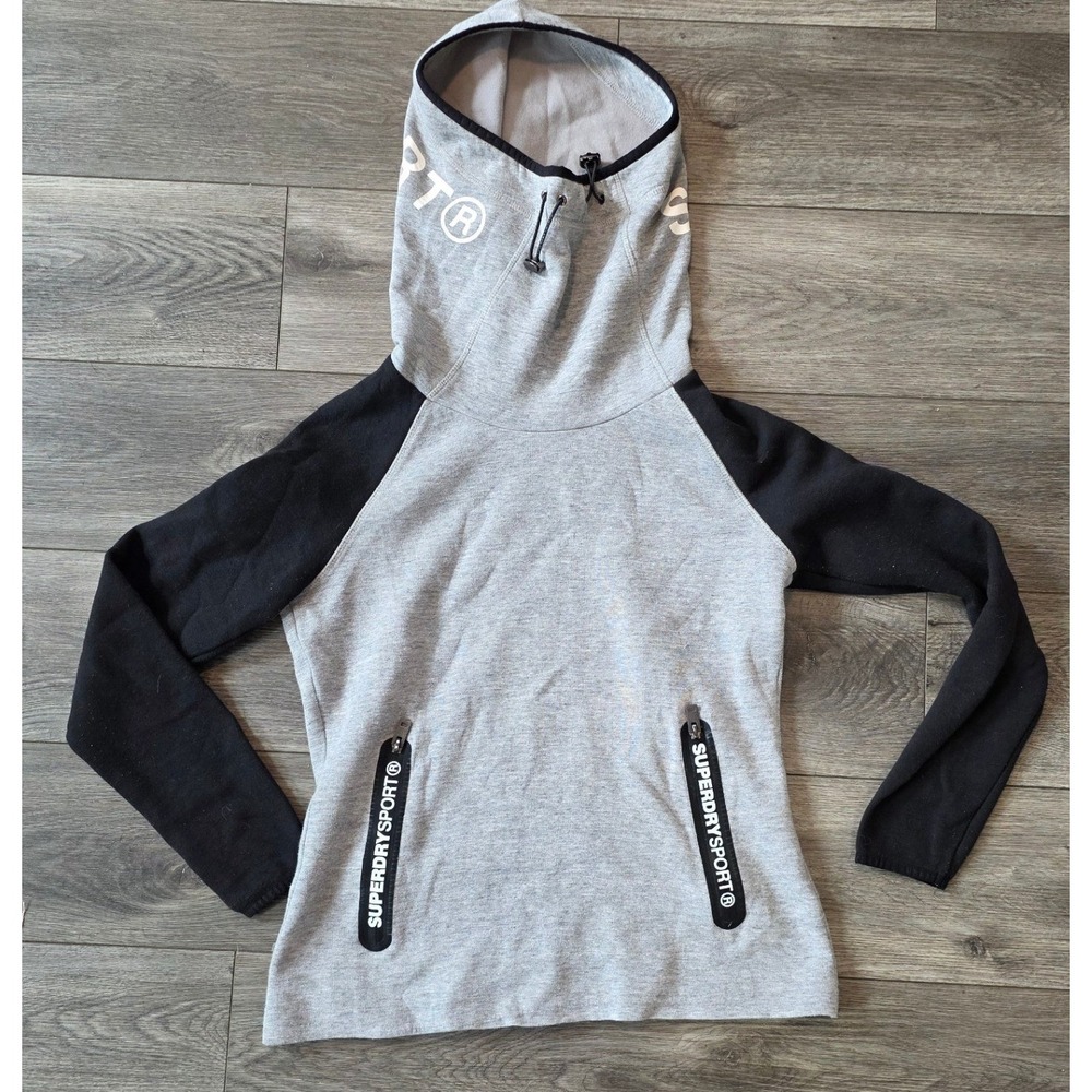 Superdry Mens M Hoodie Gray Black Sport Elite Funnel Neck Pullover Sweatshirt